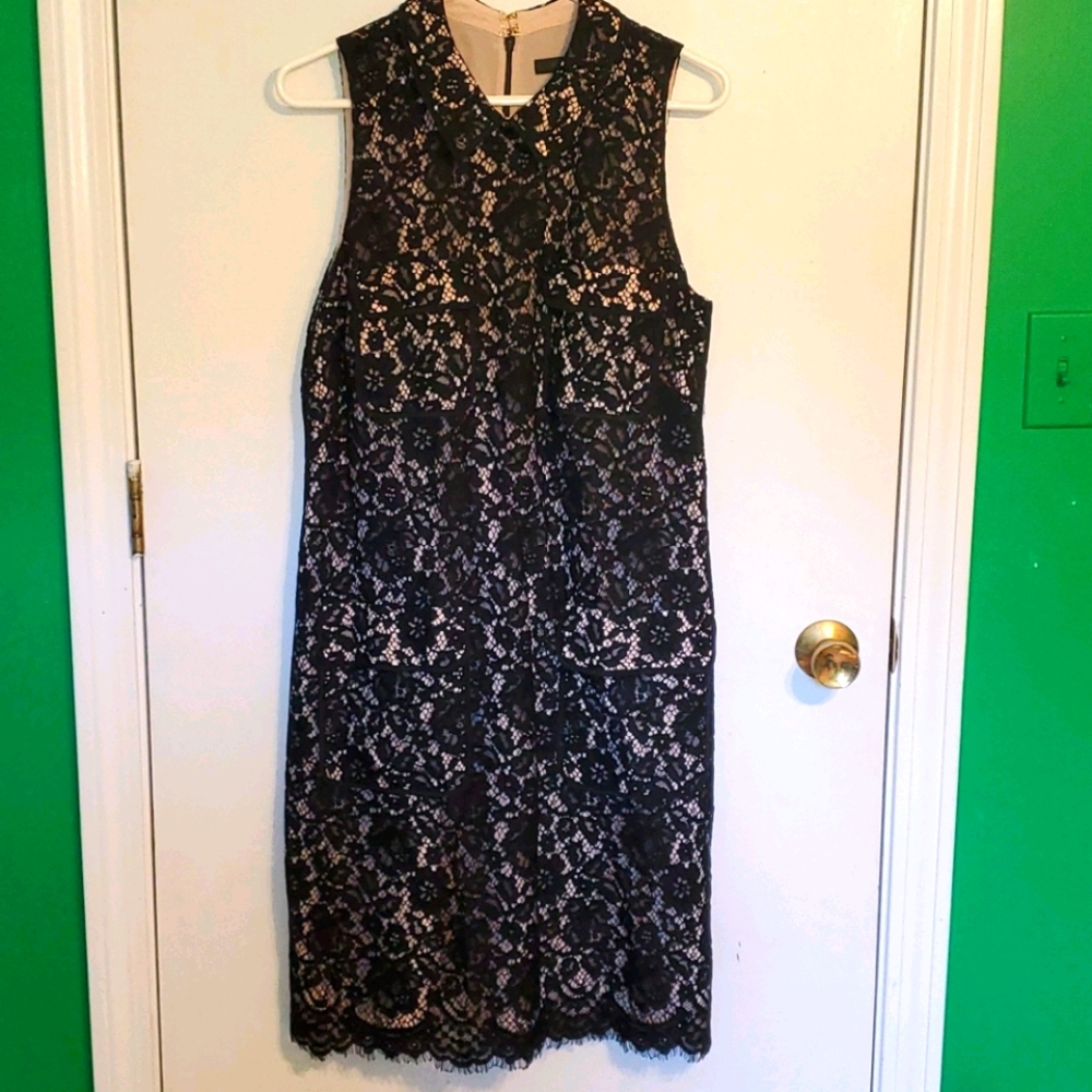 New J. Crew 12T black lace over beige base V neck dress with 4 front poc…